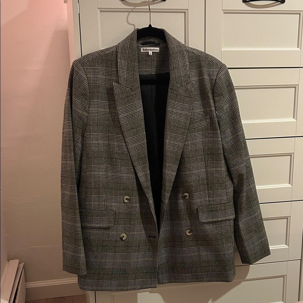 Reformation Gray Plaid Double-Breasted Blazer